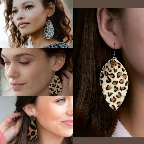 Leopard print leather leaf earrings - Picture 2 of 4
